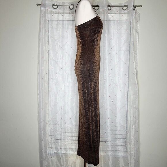 Vtg Betsy & Adam Sz 6 Metallic Copper Brown Dark Romance Vampy Maxi Dress - Picture 4 of 8